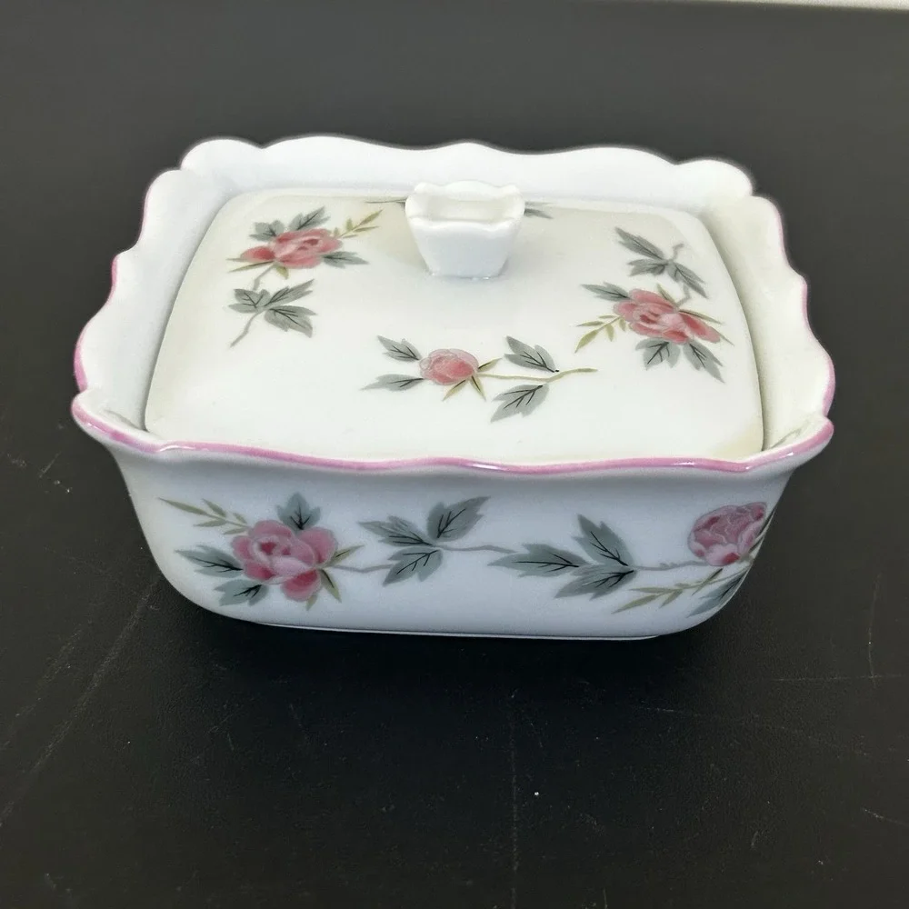 Vintage Andy Panda Japan Pink Rose Floral Porcelain Square Lidded Trinket Box